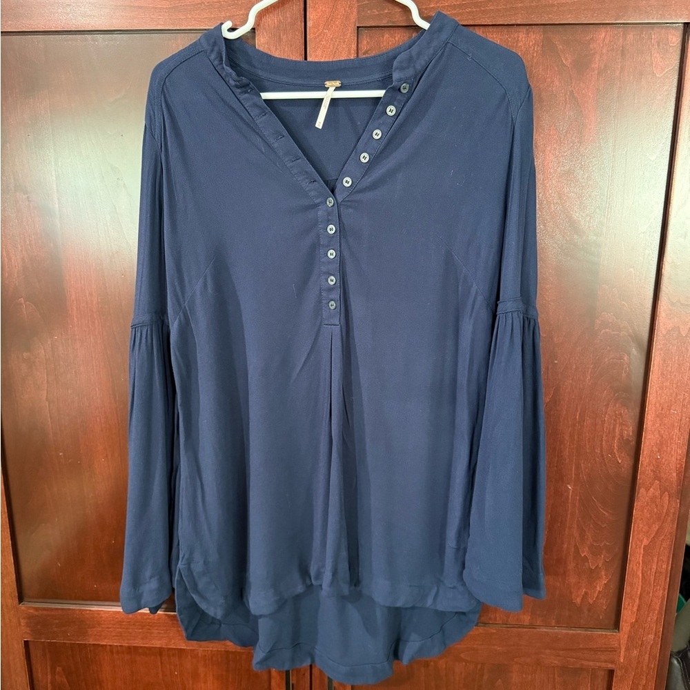 Free People Blue Relaxed Tunic with Mandarin Collar